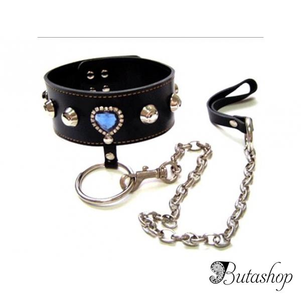 Современный черный кожаный ошейник с синим камнем в форме сердца - www.butashop.com