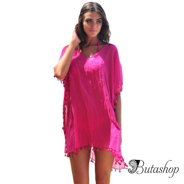 Пляжная накидка цвета фуксия с кисточками - www.butashop.com