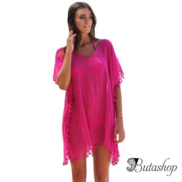 Пляжная накидка цвета фуксия с кисточками - www.butashop.com