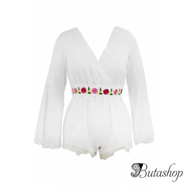 Белый комбинезон ромпер с вышитым поясом - www.butashop.com
