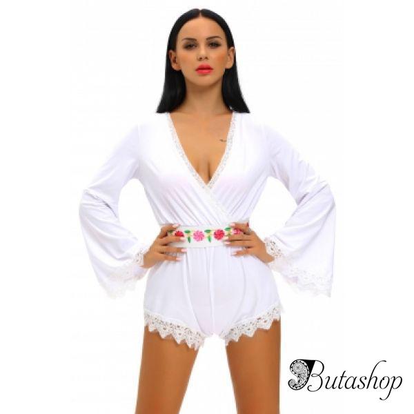 Белый комбинезон ромпер с вышитым поясом - www.butashop.com