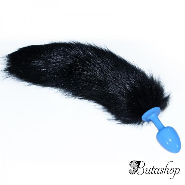 Голубая анальная втулка с длинным чёрным хвостом - www.butashop.com