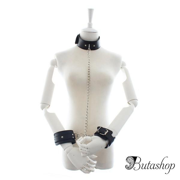 Черный кожаный бондаж с одной цепочкой - www.butashop.com