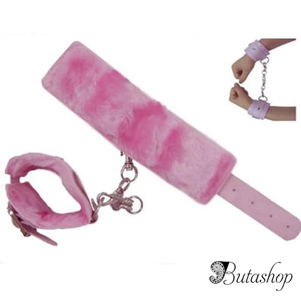 Розовые кожаные наручники с мехом - www.butashop.com