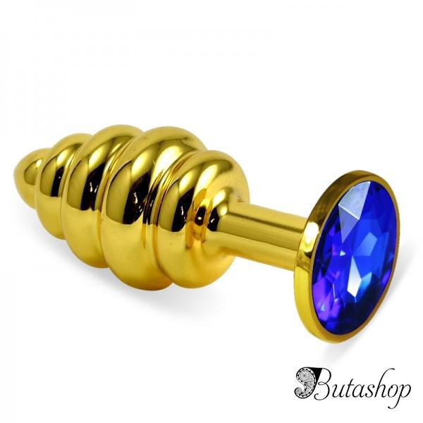 Ребристая анальная пробка золото, синий - www.butashop.com