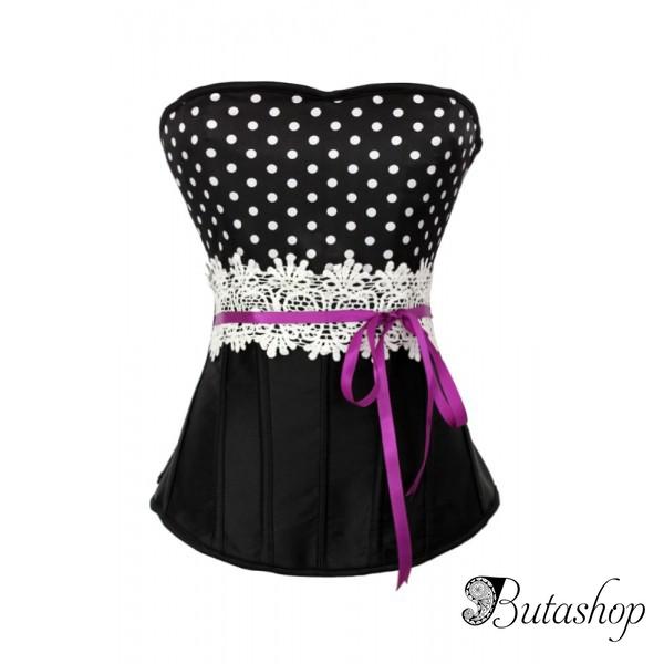 Черный классический корсет в горошек с кружевом и лентой - www.butashop.com