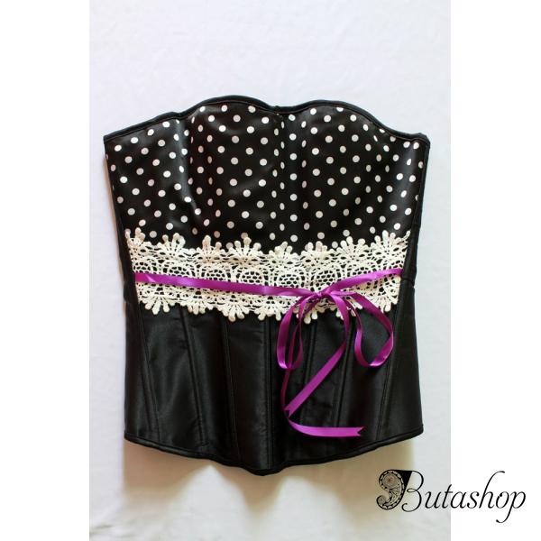 Черный классический корсет в горошек с кружевом и лентой - www.butashop.com