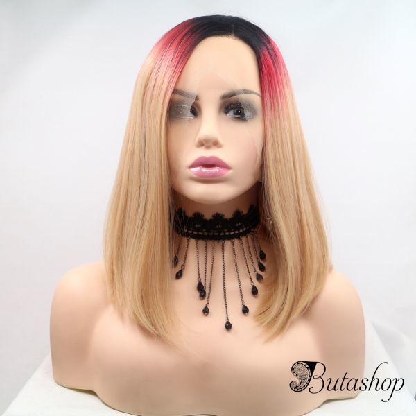 Короткое каре блонд омбре парик на сетке с черно-красными корнями - www.butashop.com
