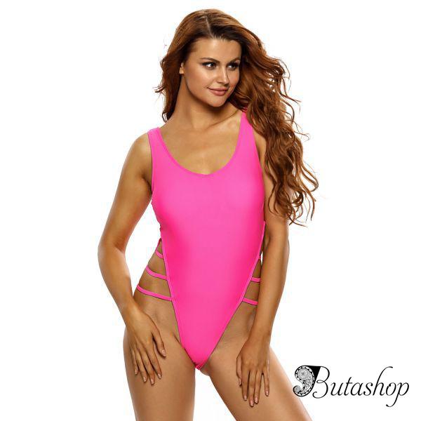 Розовый слитный купальник с глубоким вырезом на спине - www.butashop.com