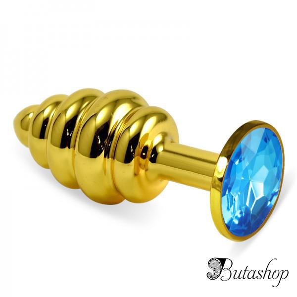 Ребристая анальная пробка золото, голубой - www.butashop.com