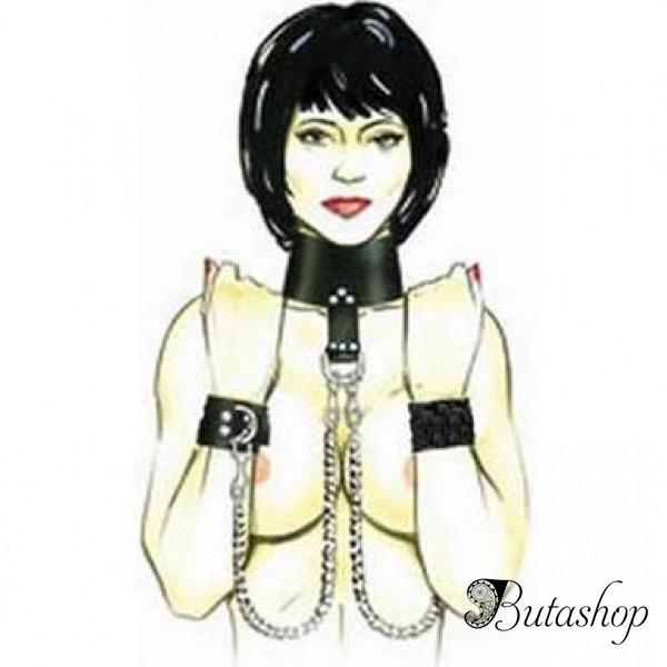Черный кожаный бондаж с 2-мя цепочками - www.butashop.com