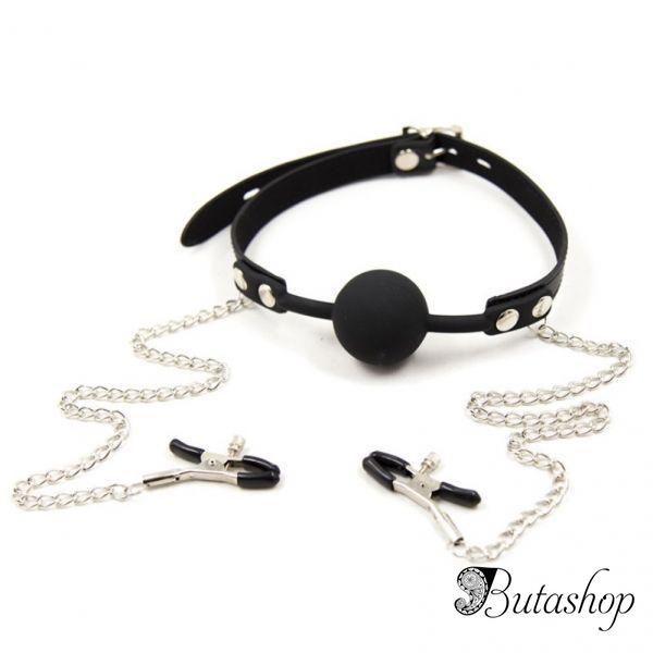 Зажимы для сосков с кляпом силиконовым в виде черного шарика - www.butashop.com