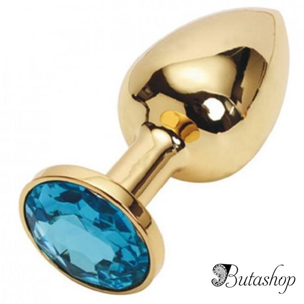 Золотая анальная пробка с голубым кристаллом, средняя - www.butashop.com