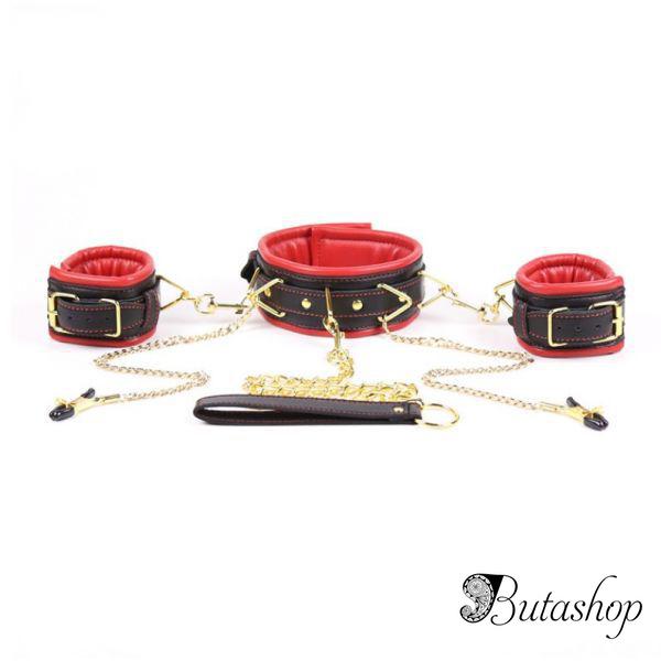 Кожаные наручники с ошейником и зажимами для сосков - www.butashop.com