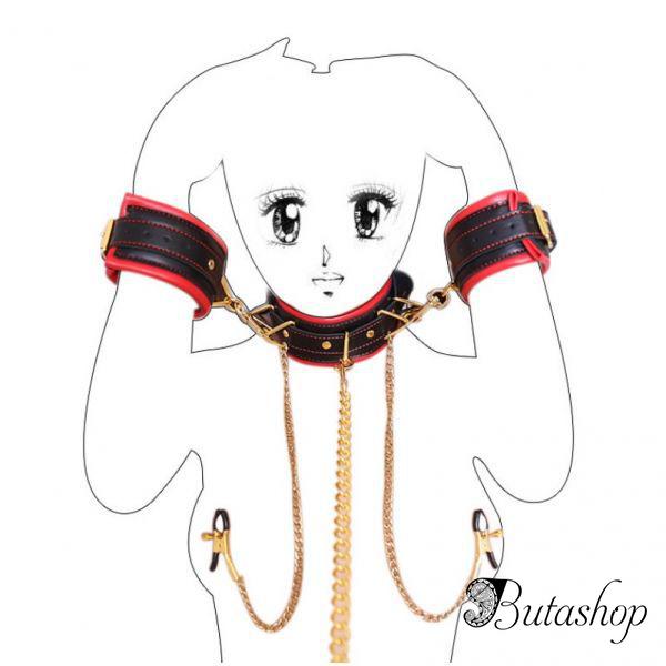 Кожаные наручники с ошейником и зажимами для сосков - www.butashop.com