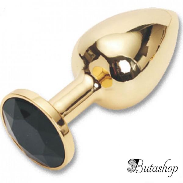 Золотая анальная пробка с черным кристаллом, средняя - www.butashop.com