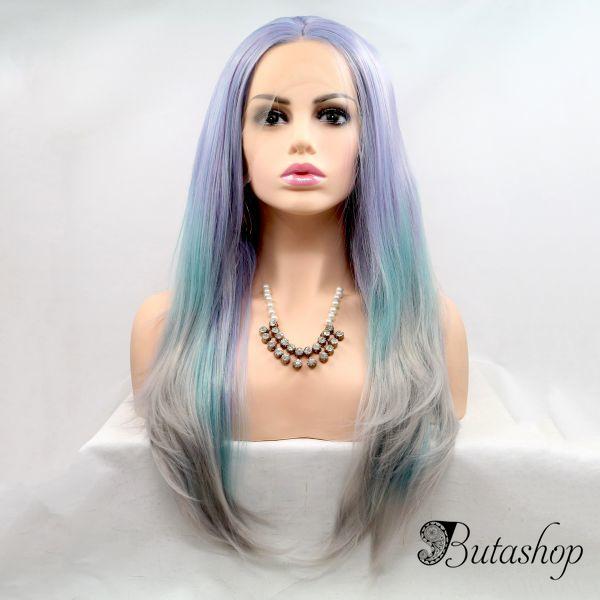 Длинный парик на сетке с сиренево-зелено- серым градиентом - www.butashop.com
