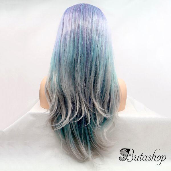 Длинный парик на сетке с сиренево-зелено- серым градиентом - www.butashop.com