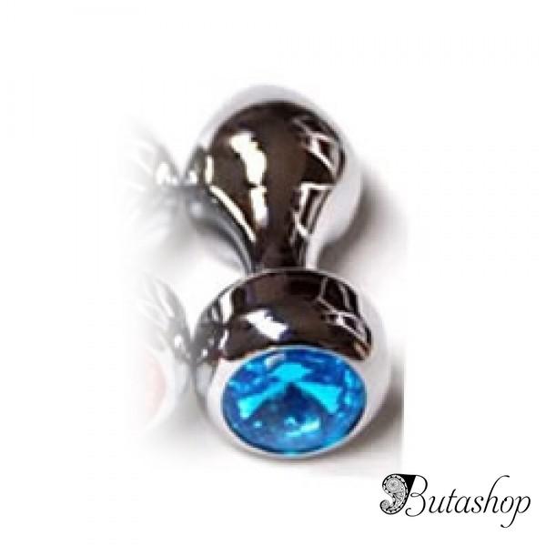 Серебристая анальная пробка с голубым драгоценным камнем - www.butashop.com