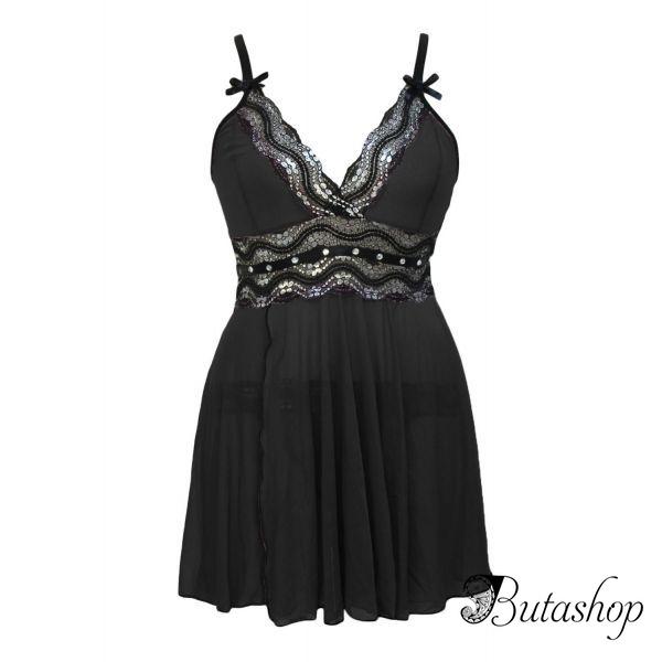 Plus Size Black Mesh and Metallic Lace Babydoll - www.butashop.com