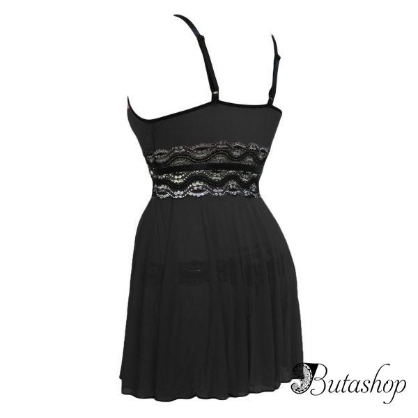 Plus Size Black Mesh and Metallic Lace Babydoll - www.butashop.com