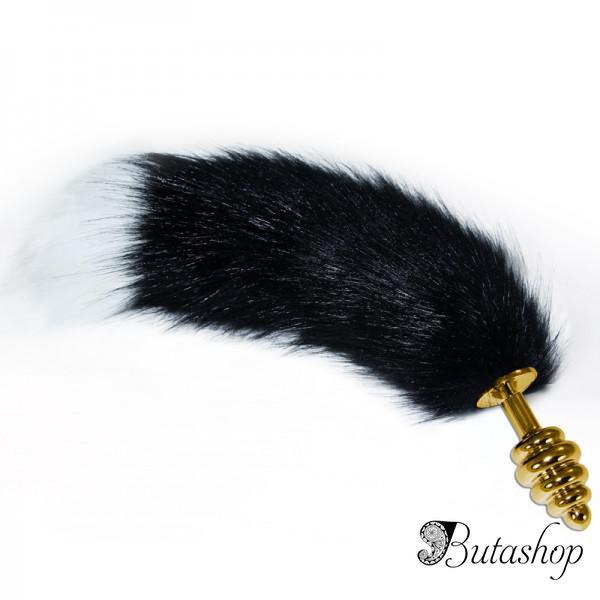 Золотая анальная втулка с длинным черным хвостом ребристая - www.butashop.com