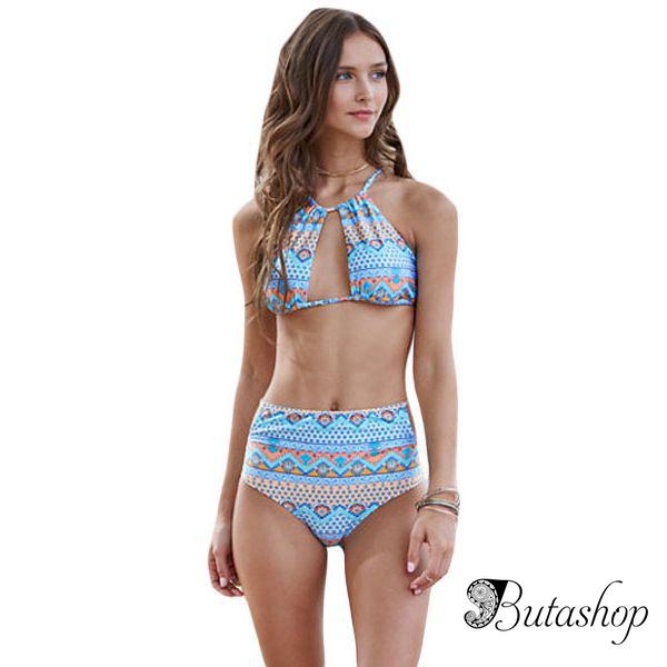 Halter Cut out Mix Printed High Waist Bottom Bikini - www.butashop.com