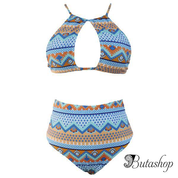 Halter Cut out Mix Printed High Waist Bottom Bikini - www.butashop.com