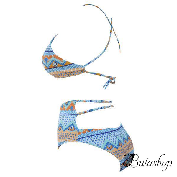 Halter Cut out Mix Printed High Waist Bottom Bikini - www.butashop.com