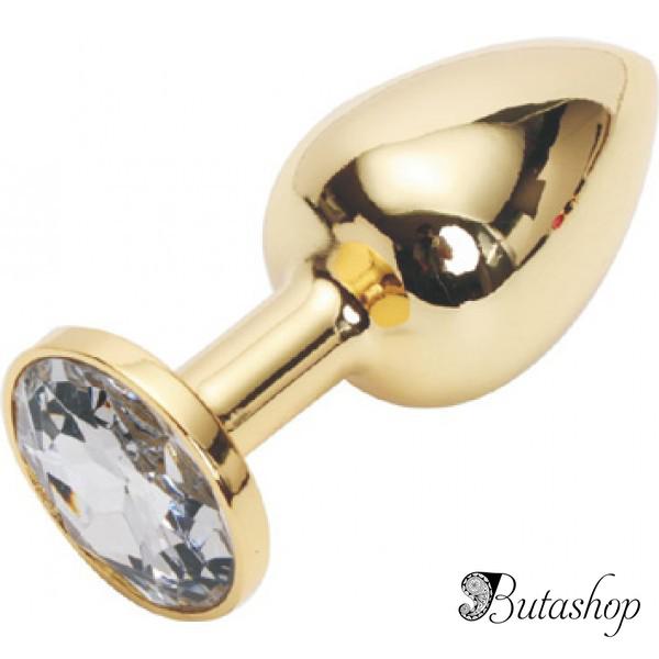 Золотая анальная пробка с прозрачным кристаллом, средняя - www.butashop.com