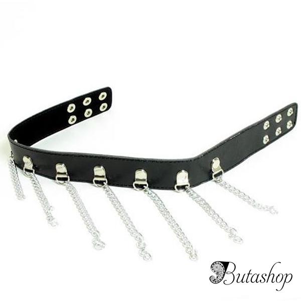 Черный кожаный ошейник с металлическими цепями - www.butashop.com