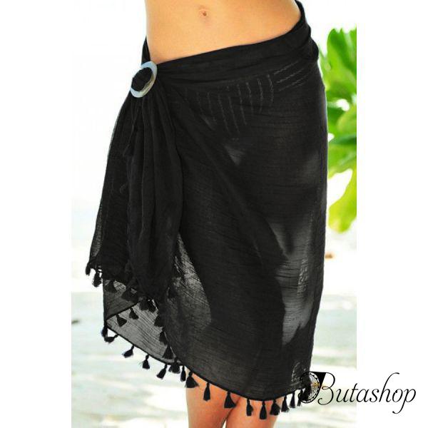 Черное парео с кисточками и кольцом - www.butashop.com